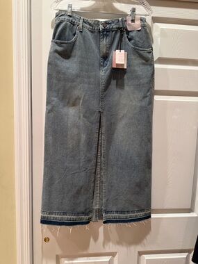 Blue Denim New Happily Grey Midi Skirt with Center Front Slit Size 11